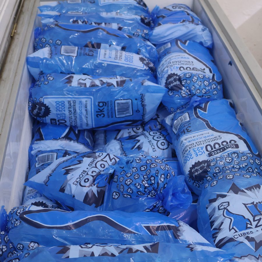 Bags of packed ice in the freezer